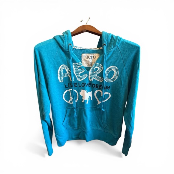 AERO Sweaters - Aero Turquoise Blue Hooded Pullover Sweatshirt with Bulldog Heart & Peace Sign